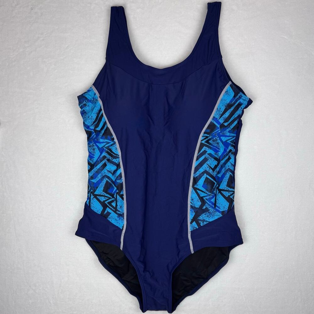 NWOT Navy Blue One Piece Swimsuit with Geometric Print Size L